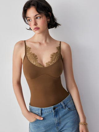 Scoop Neckline Scalloped Lace Trim Cami Bodysuit