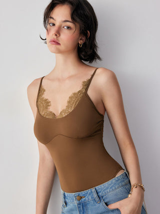 Scoop Neckline Scalloped Lace Trim Cami Bodysuit