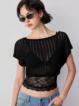 Knit Asymmetrical Neck Lace Panel Short Sleeve Top