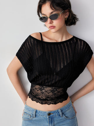Knit Asymmetrical Neck Lace Panel Short Sleeve Top