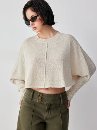 Knit Textured Batwing Sleeve Center Seam Crop Top