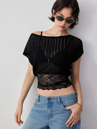 Knit Asymmetrical Neck Lace Panel Short Sleeve Top