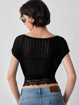 Knit Asymmetrical Neck Lace Panel Short Sleeve Top
