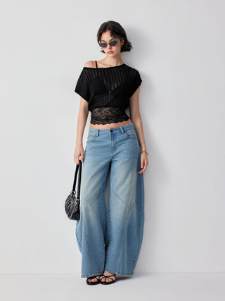 Knit Asymmetrical Neck Lace Panel Short Sleeve Top