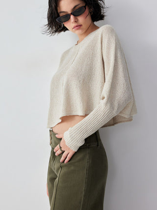 Knit Textured Batwing Sleeve Center Seam Crop Top