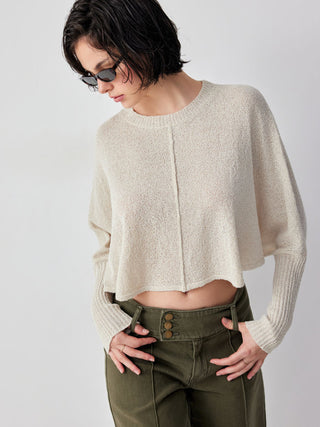 Knit Textured Batwing Sleeve Center Seam Crop Top