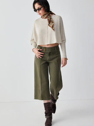 Knit Textured Batwing Sleeve Center Seam Crop Top