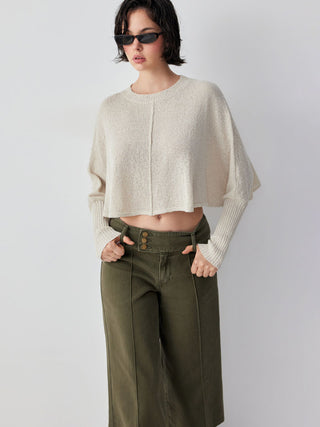 Knit Textured Batwing Sleeve Center Seam Crop Top