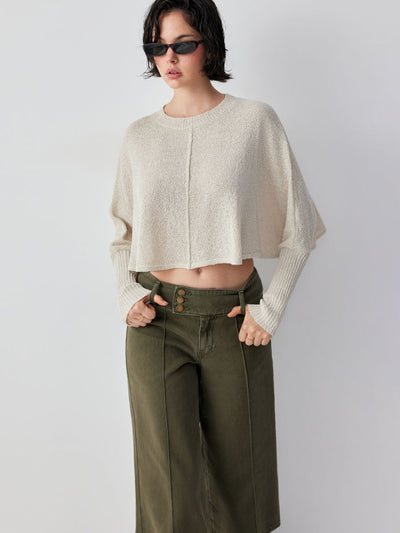 Knit Textured Batwing Sleeve Center Seam Crop Top