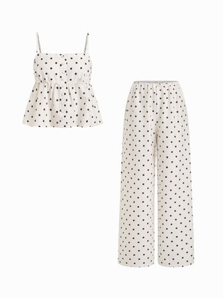 Polka Dot Square Neck Top & High Rise Straight Trousers Loungewear Set