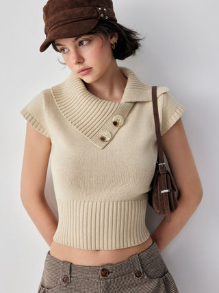 Knit Cotton-blend Asymmetrical Neck Short Sleeve Top