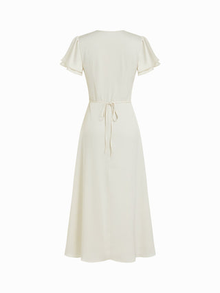 Satin V-neck Lace Trim Tie Front A-line Maxi Dress