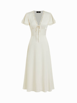 Satin V-neck Lace Trim Tie Front A-line Maxi Dress
