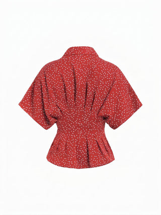 Chiffon Polka Dot Ruched Cinched Waist Batwing Sleeve Blouse