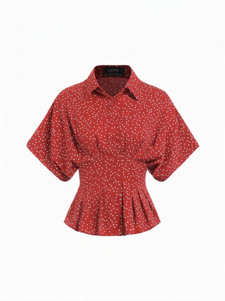 Chiffon Polka Dot Ruched Cinched Waist Batwing Sleeve Blouse