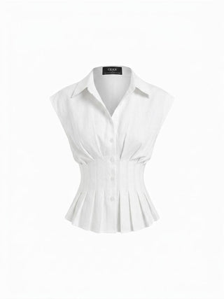 Linen-blend Pleated Button Blouse