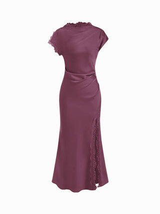 Satin Lace Trim Split Mermaid Maxi Dress