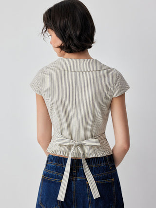 Cotton Striped Scoop Neck Ruffle Hem Bowknot Short Sleeve Blouse
