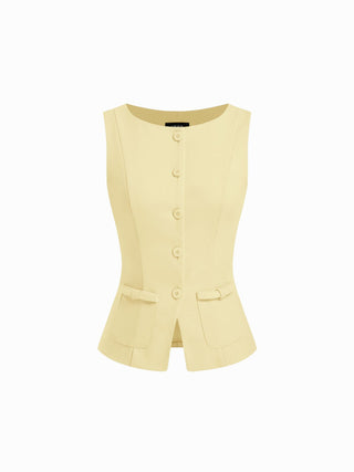 Boat Neck Button Front Flap Detail Blazer Vest