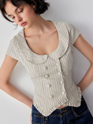 Cotton Striped Scoop Neck Ruffle Hem Bowknot Short Sleeve Blouse