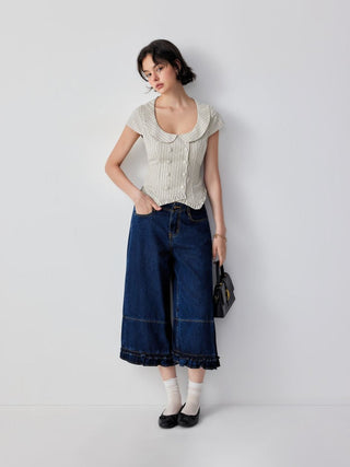 Cotton Striped Scoop Neck Ruffle Hem Bowknot Short Sleeve Blouse