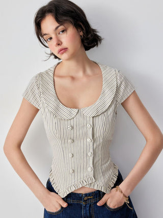 Cotton Striped Scoop Neck Ruffle Hem Bowknot Short Sleeve Blouse