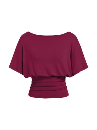 Boat Neck Batwing Sleeve Backless Drawstring Metal Detail Oversized Crop Tee