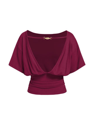 Boat Neck Batwing Sleeve Backless Drawstring Metal Detail Oversized Crop Tee
