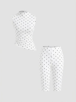 Cotton-blend High Neck Polka Dot Asymmetrical Hem Top & Mid Rise Capri Pants Set