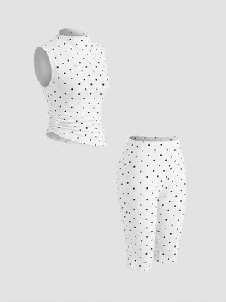 Cotton-blend High Neck Polka Dot Asymmetrical Hem Top & Mid Rise Capri Pants Set