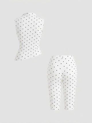 Cotton-blend High Neck Polka Dot Asymmetrical Hem Top & Mid Rise Capri Pants Set