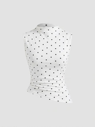 Cotton-blend High Neck Polka Dot Asymmetrical Hem Top & Mid Rise Capri Pants Set