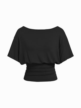 Boat Neck Batwing Sleeve Backless Drawstring Metal Detail Oversized Crop Tee