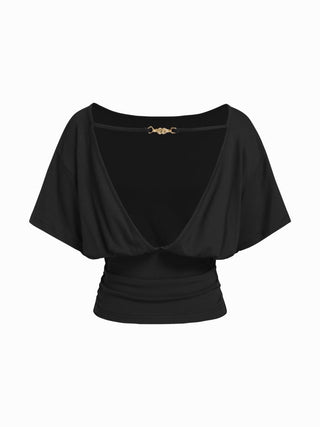 Boat Neck Batwing Sleeve Backless Drawstring Metal Detail Oversized Crop Tee
