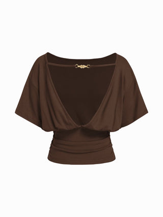 Boat Neck Batwing Sleeve Backless Drawstring Metal Detail Oversized Crop Tee