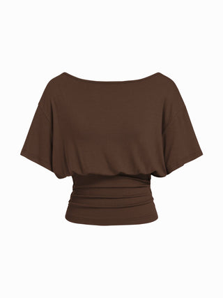 Boat Neck Batwing Sleeve Backless Drawstring Metal Detail Oversized Crop Tee