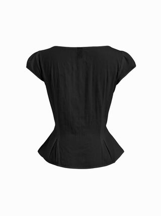 Cotton-blend Textured Boat Neck Puff Sleeve Button Through Peplum Blouse