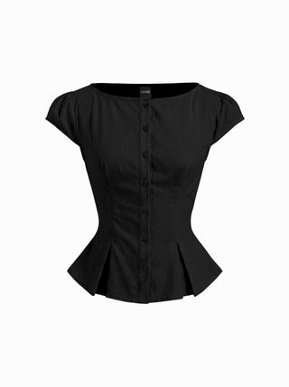 Cotton-blend Textured Boat Neck Puff Sleeve Button Through Peplum Blouse