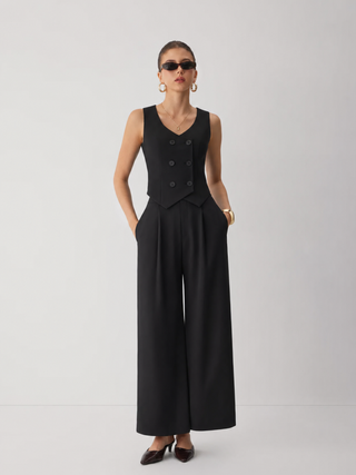Square Neck Button Detail Mid Rise Straight Leg Jumpsuit