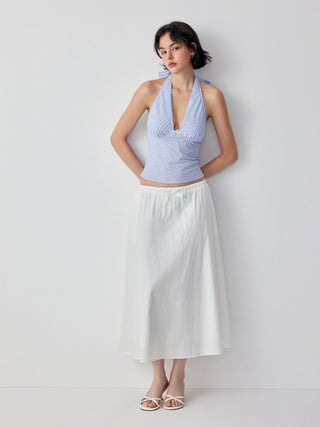 Cotton Striped Halter Neck Ruched Bowknot Cami Blouse