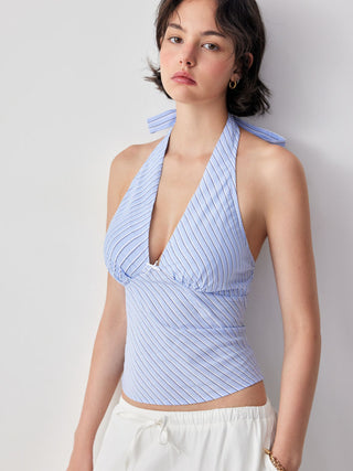 Cotton Striped Halter Neck Ruched Bowknot Cami Blouse