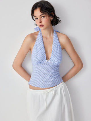 Cotton Striped Halter Neck Ruched Bowknot Cami Blouse