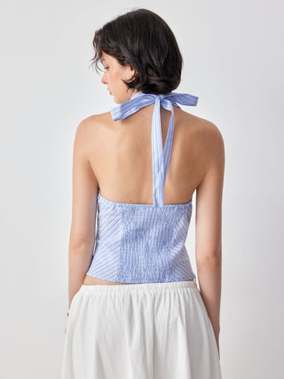 Cotton Striped Halter Neck Ruched Bowknot Cami Blouse