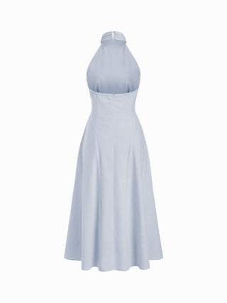 Linen-blend Halter Neckline Ruched A-line Maxi Dress