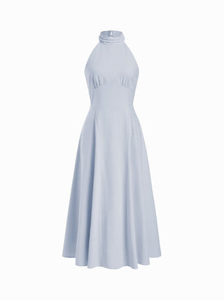 Linen-blend Halter Neckline Ruched A-line Maxi Dress