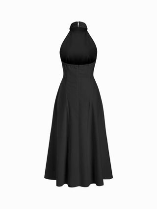 Linen-blend Halter Neckline Ruched A-line Maxi Dress