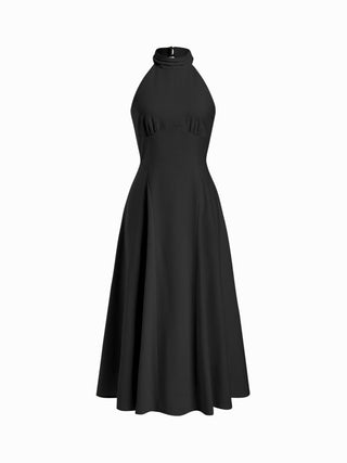 Linen-blend Halter Neckline Ruched A-line Maxi Dress