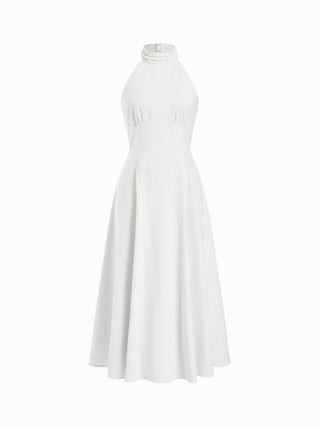 Linen-blend Halter Neckline Ruched A-line Maxi Dress