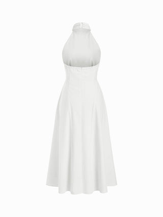 Linen-blend Halter Neckline Ruched A-line Maxi Dress