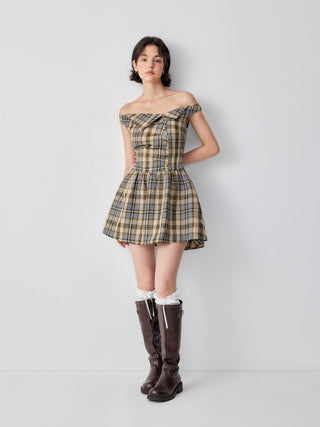 Plaid Off-shoulder Asymmetrical Metal Detail A-line Mini Dress